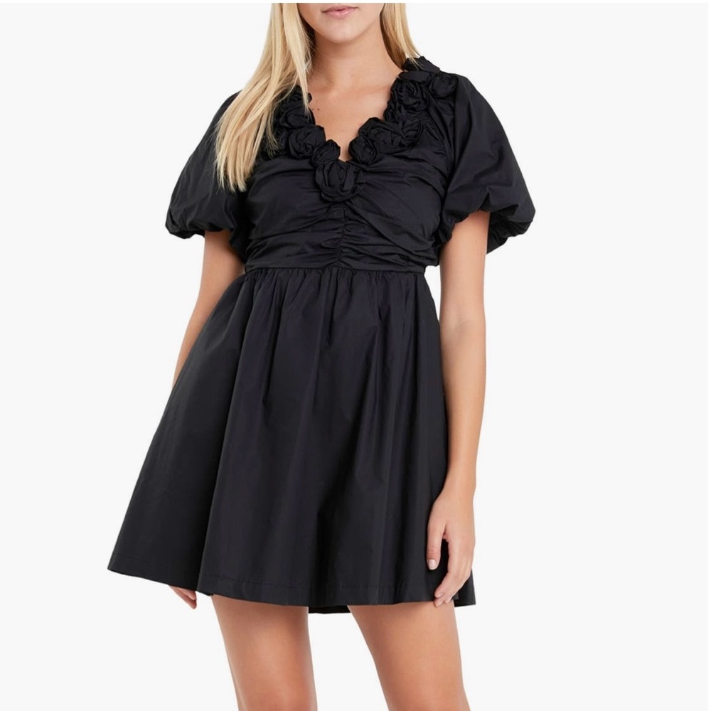 English Factory flare mini black dress with flower neckline. Very beautiful!